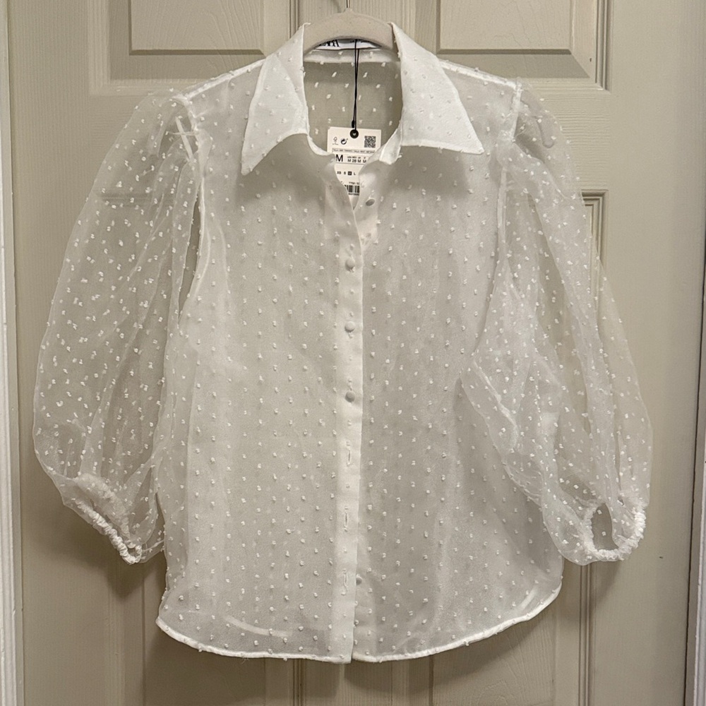 Zara White Sheer Polka Dot Blouse